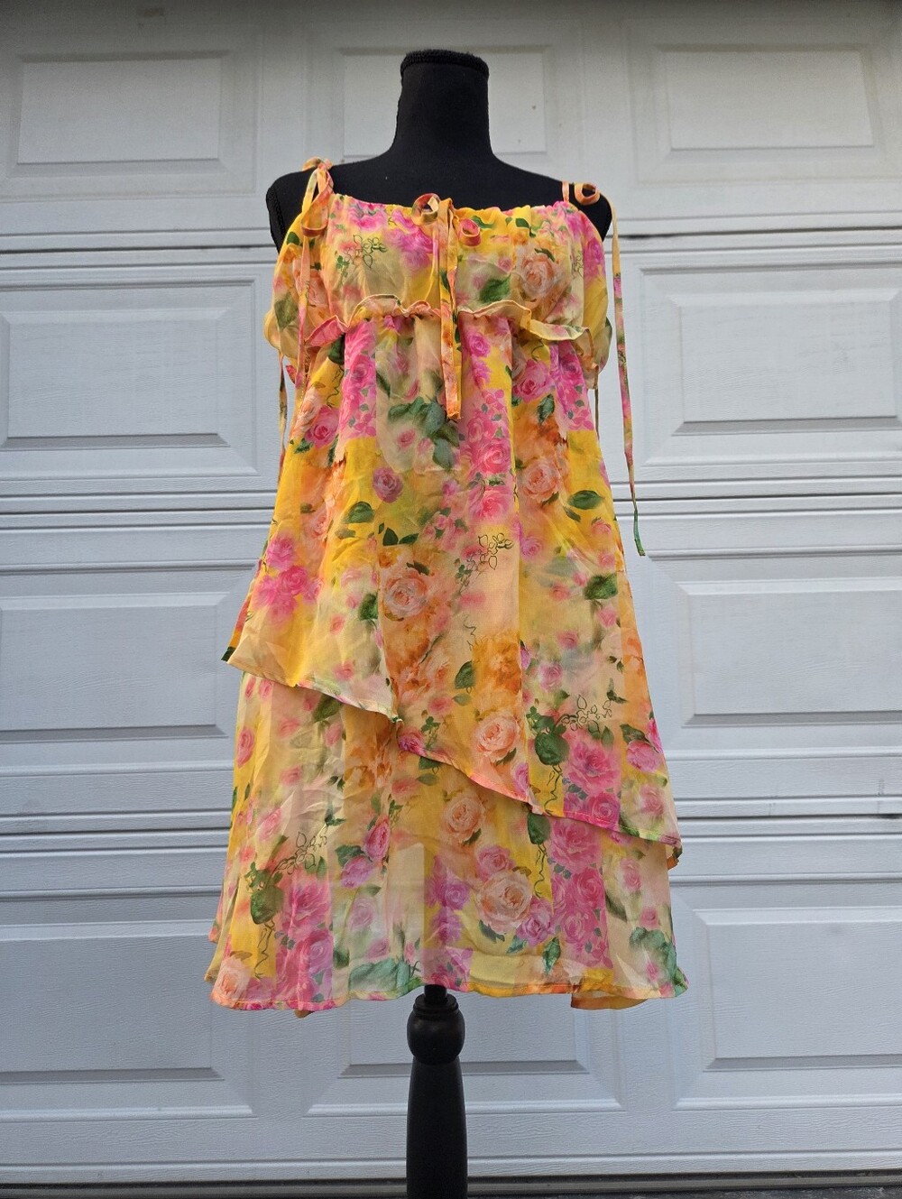 Boutique Yellow Floral Chiffon Mini Dress Tie Strap Ruffle Layered Size L - Picture 6 of 11